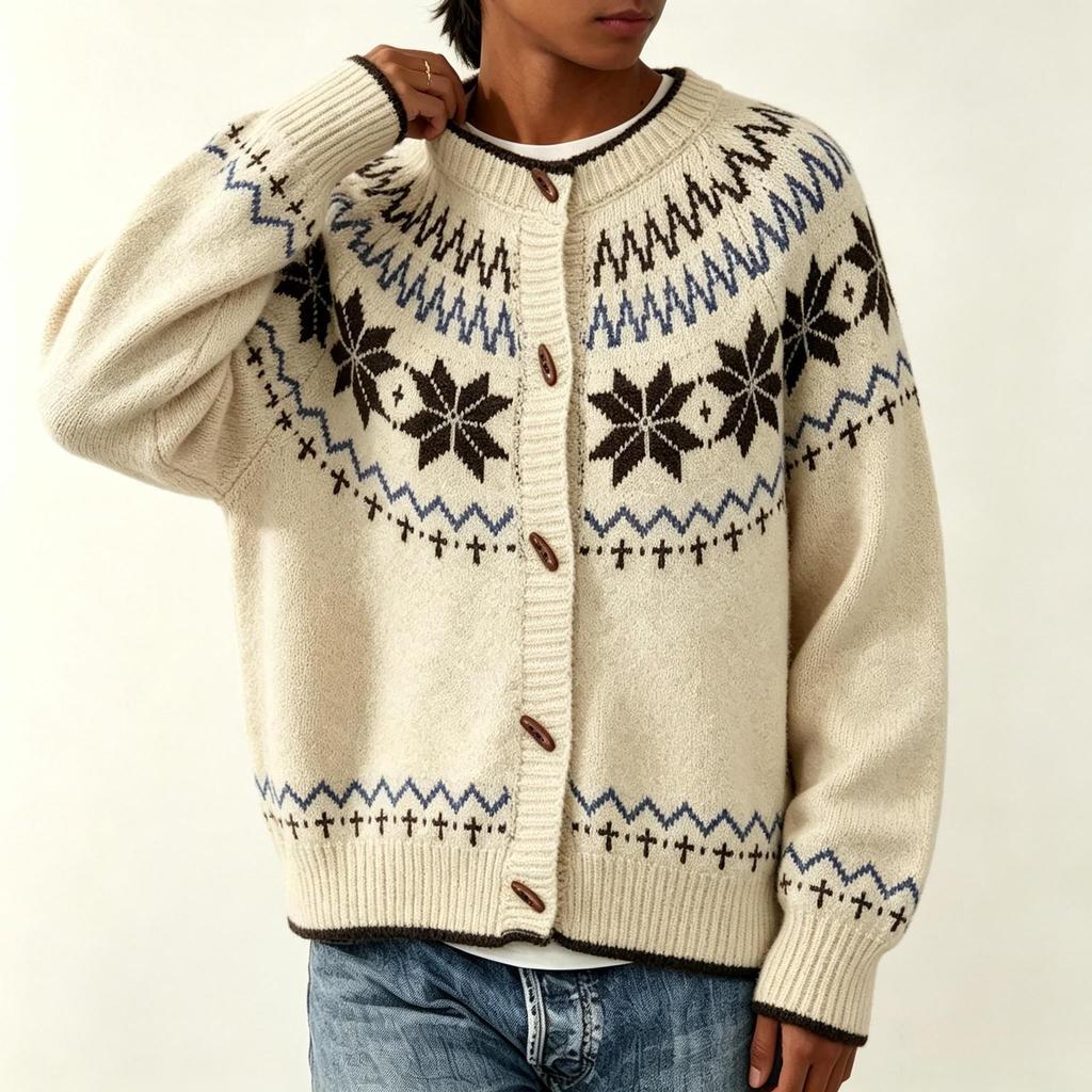 Women's 2026 Autumn/Winter Jacquard Knit Round Neck Snowflake Cardigan Sweater with Horn Buttons