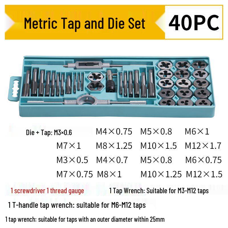 High-Speed Steel Taps & Dies Set: 5, 6, 7, 9-Piece with Tap Wrench and Threading Drill Bits.