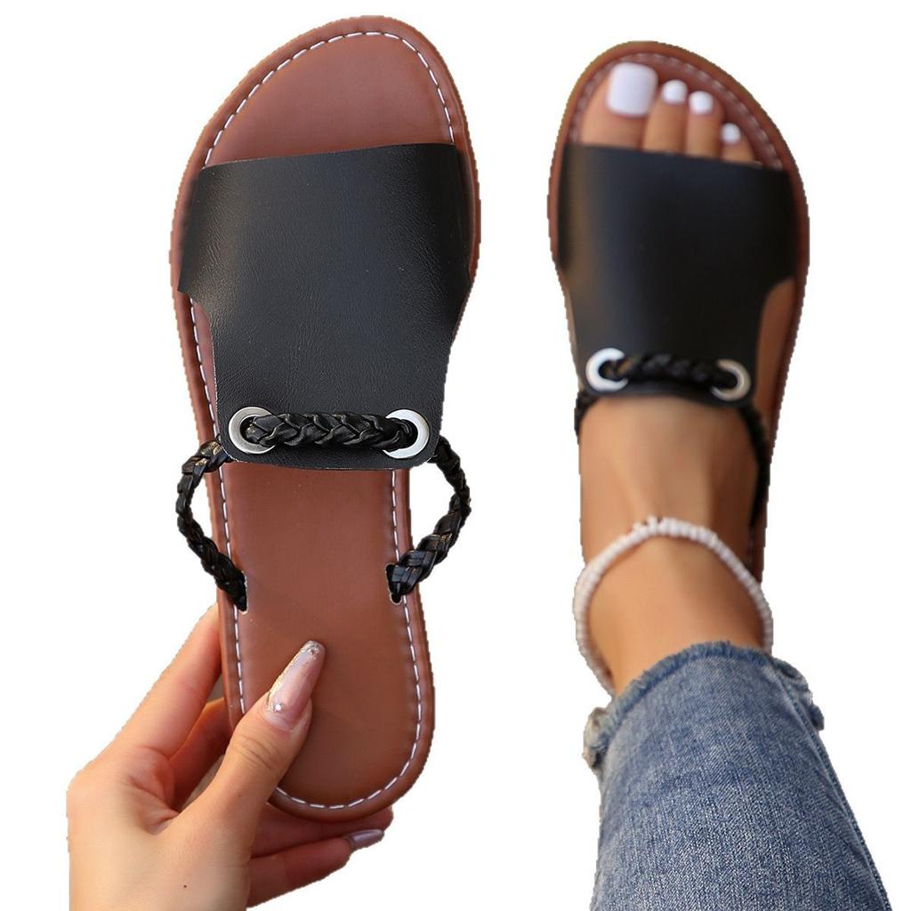 Large size women's flat bottom cool slippers women's casual fish mouth woven outer wear cool slippers