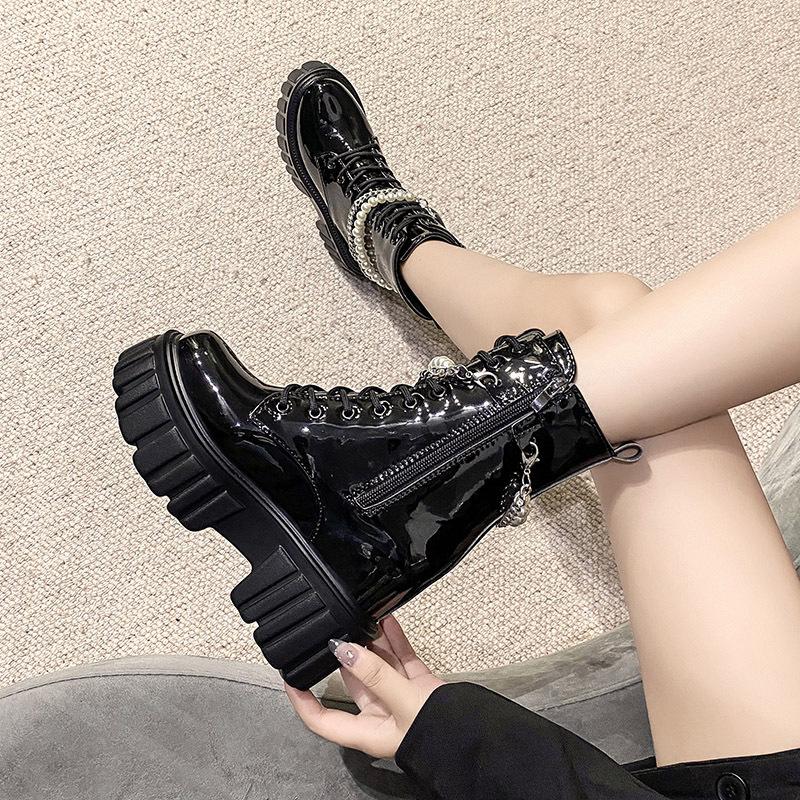 British style round head thick heel Martin boots side zipper platform locomotive boots ins pearl chain lace-up medium tube short boots women