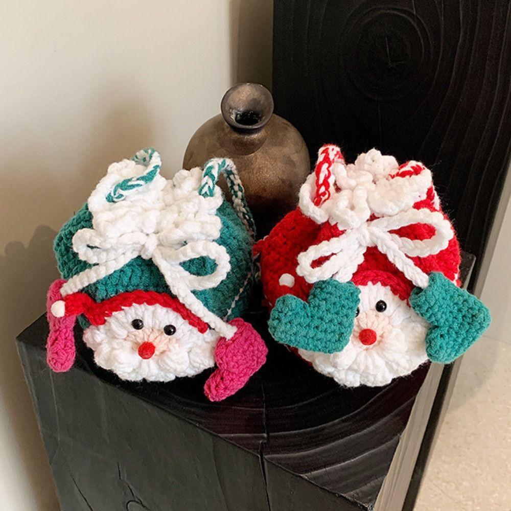 Kriss Kringle Father Christmas Bag Bow Knitting Drawstring Bag Creative Xmas Candy Bag  Party