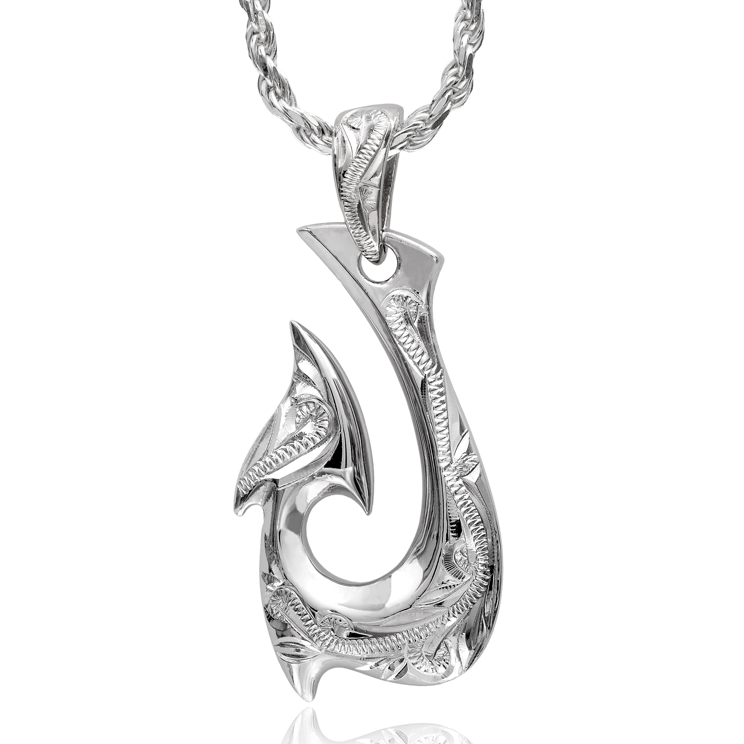 

Leilani Hawaiian Fish Hook Pendant Necklace with Scroll Carving, 925 Sterling Silver (Includes 45cm Rope Chain)