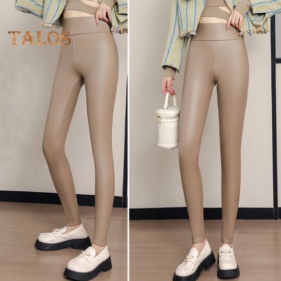 Women Leggings High Waist Slim Fit Hip Lift Faux Leather Bottoming Pants Velvet Lining Thickened Warm Windproof Casual Yoga Pants