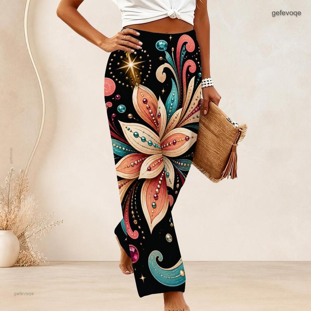 Women Plus Size Black Gold Glitter Striped Dots Print High Waist Wide Leg Long Pants Casual Loose Comfortable Trousers For Daily Party Wear