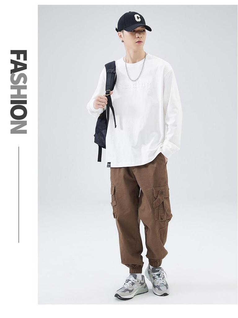 Męski T-shirt z długim rękawem z grubej bawełny - Biały z okrągłym dekoltem, nadruk stalowy, luźny krój, kolekcja jesienna