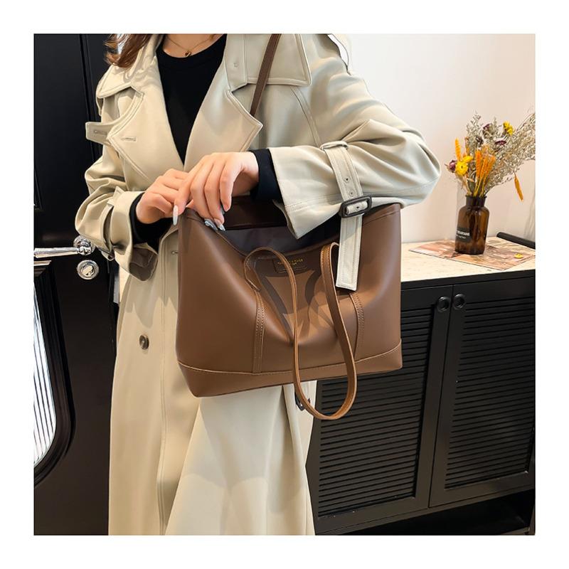 Minimalist Faux Leather Tote Bag for Women, Large Capacity Bucket Shoulder Handbag, Soft Texture Commuter Purse