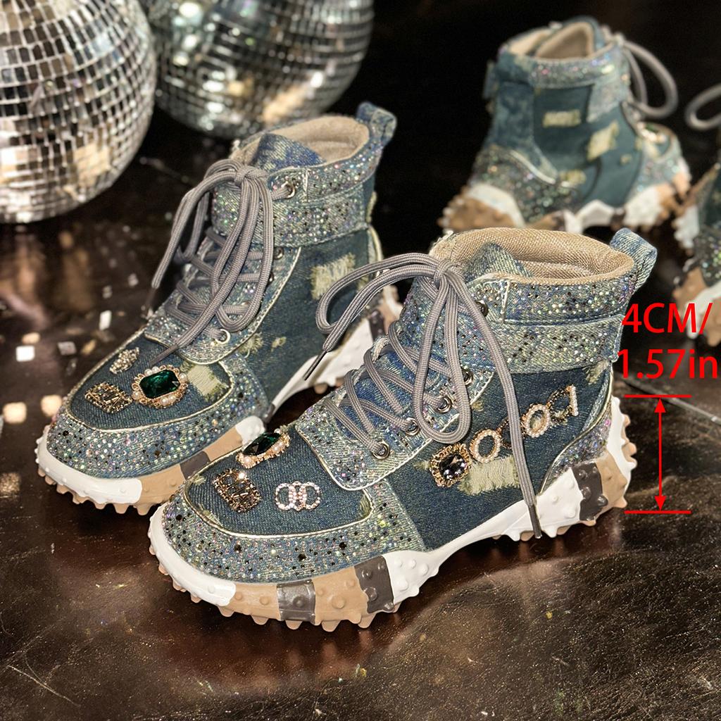Women Casual Sneakers Luxury Designer Boots Rhinestone Diamond High-Top Thick Bottom Shoes Female Tennis Outdoors Walking Shoes