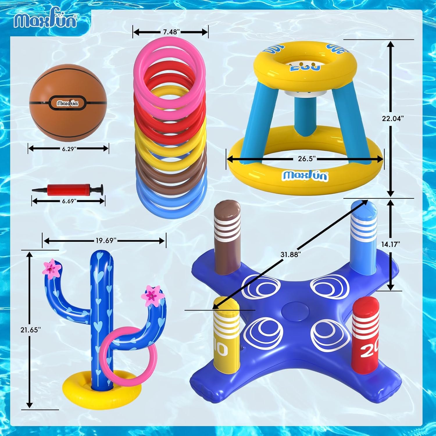 Max Fun Pool Toys Games Set for Kids Pool Basketball Hoop, Inflatable Cross Ring Toss, Floating Floats Games for Toddlers Adults Swimming Water Toys