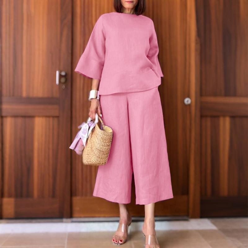 

ZANZEA Women 3/4 Sleeve Blouse and Cropped Pants Summer Two Piece Suit Sets S розовый