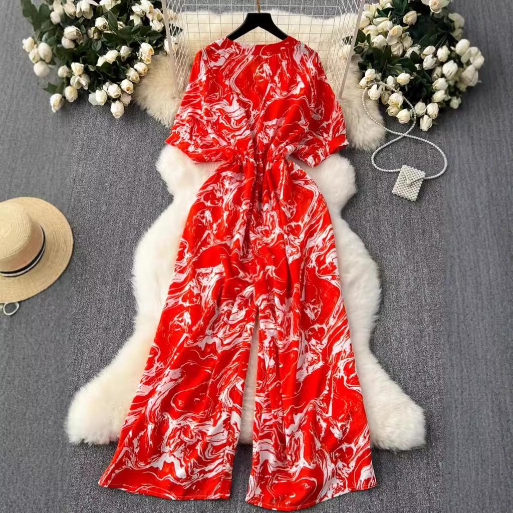 Short Sleeve Wide Leg Pants Jumpsuit Casual Elegant for Women Office Lady Print Bandage Femme Thin Slim V Neck Jumpsuit