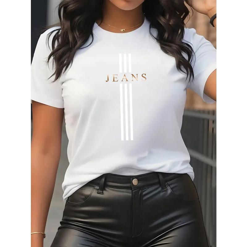 European Size Gradient Art Letter Printed Pattern - Elegant And Fashionable - Women'S Round Neck Pullover T-Shirt, Casual Sports Short