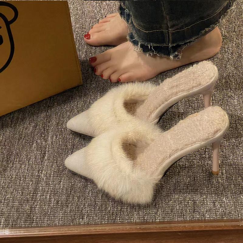 Fashion High Heel Fur Mule Slides Woman Elegant Pointed Toe Furry Slippers Ladies Luxury Plush Evening Party Pump Shoes