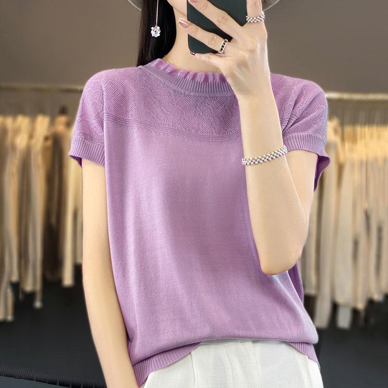 Tricou cu mânecă scurtă de vară pentru femei 50% amestec de mătase și poliester dud | Top casual ușor, respirabil, slim fit