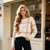 Women's Winter Plaid Color Block Pullover Sweater with Round Neck - Versatile Knit Top