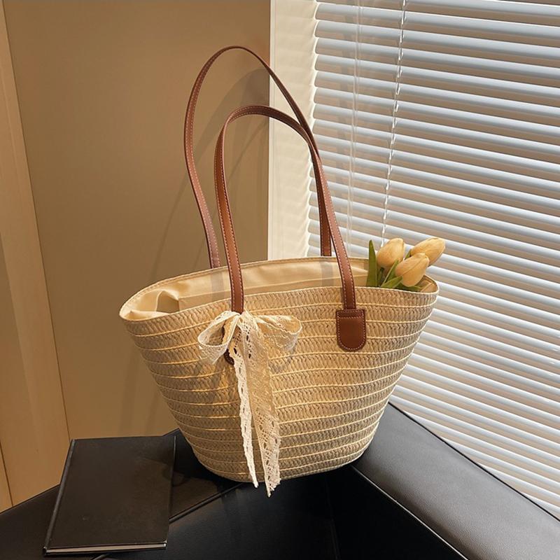 Women's Large Capacity New Vacation Beach Straw Shoulder Bag Woven Commuter Bucket Bag Basket Tote Bag