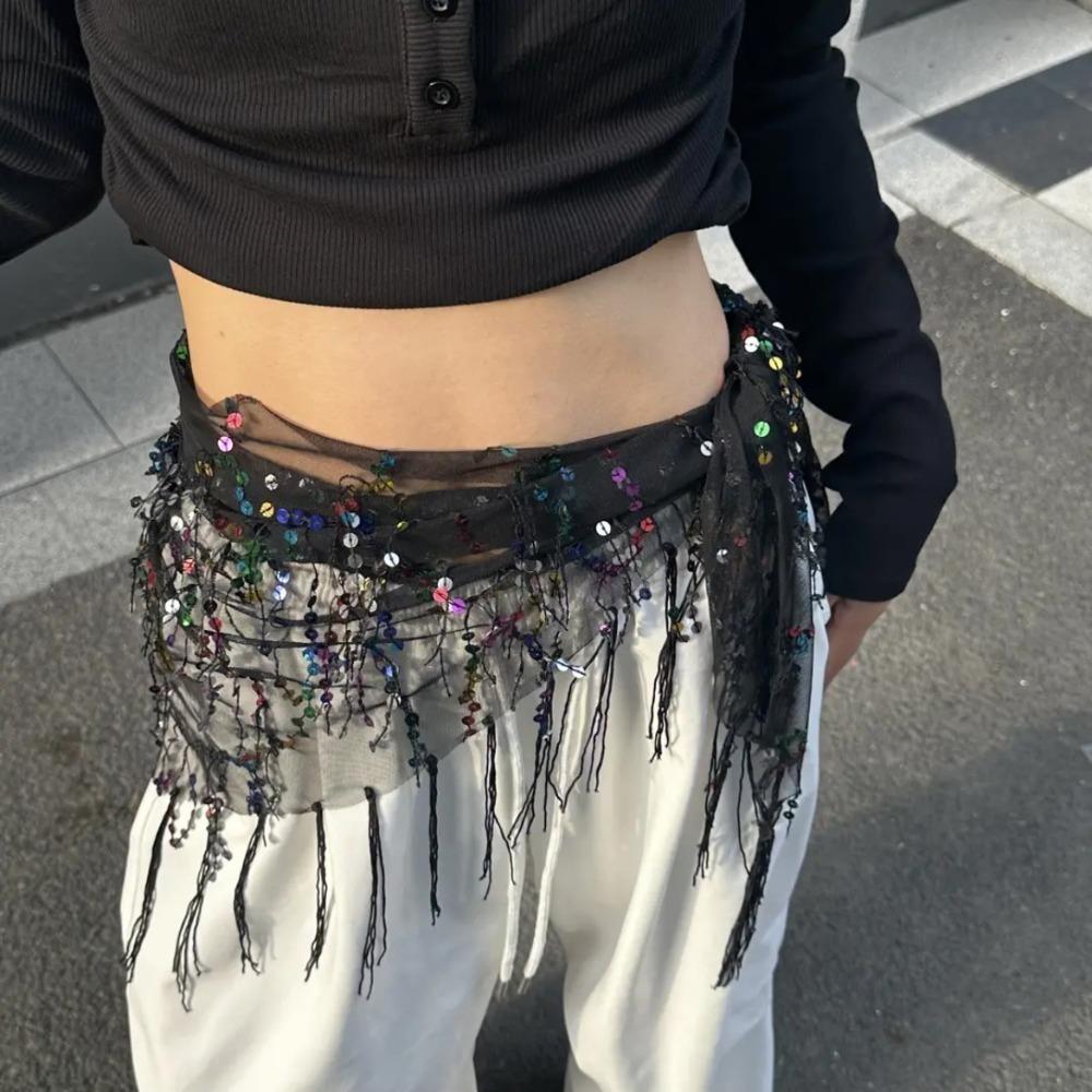 Y2K Jazz Dance Hip Scarf Hip-hop Sequin Waistband Fashion Tassels Belt Streetwear черный разноцветный