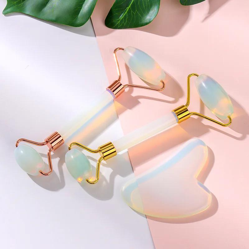 Opalite Jade Massage Roller Gua Sha Set Opal Quartz Crystal Facial Skin Lifting Anti Wrinkle Gouache Scraper Jade Massager