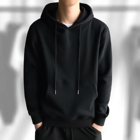 Men Hoodie Solid Color Ribbed Cuff Autumn Winter Drawstring Warm Sweatshirt for Daily Wear