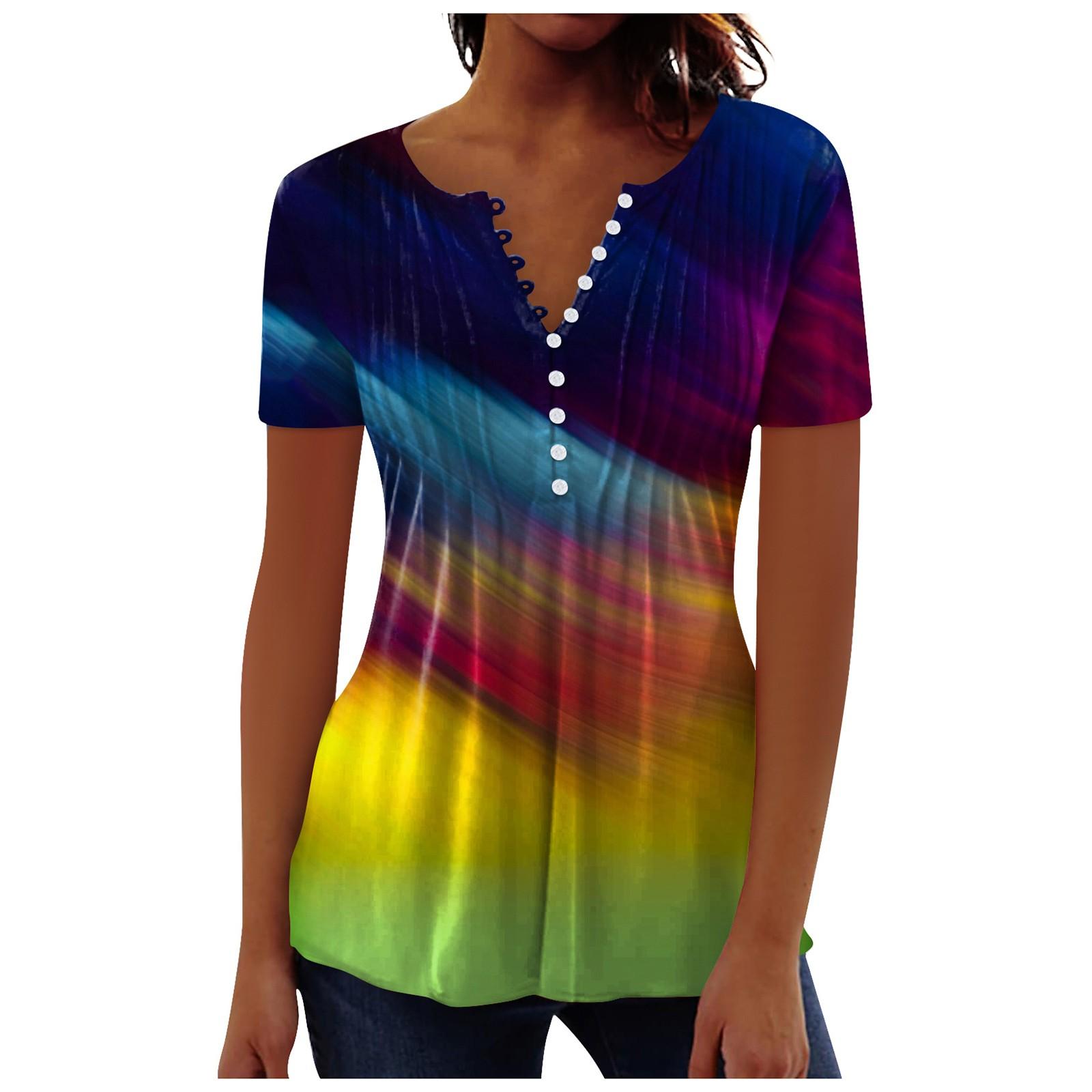 

Женская рубашка с цветным принтом на пуговицах, V-образный вырез, короткий рукав, футболка на пуговицах, летние повседневные топы XL жёлтый