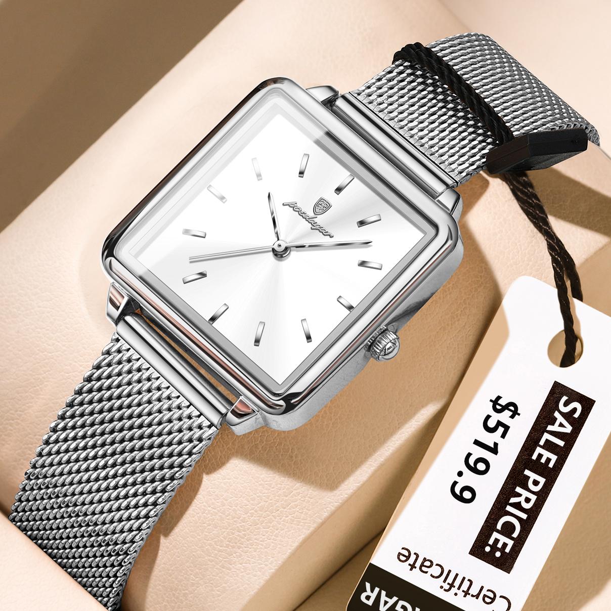Luxury Square Girl Reloj Waterproof Luminous Waterproof Luminous Stainless Steel Mesh Ladies Quartz Watch for Women 793 Sliver White N
