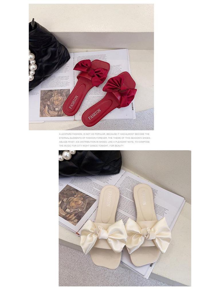 2025 Spring/Summer Women's Square Toe Open Toe Bowknot Slides