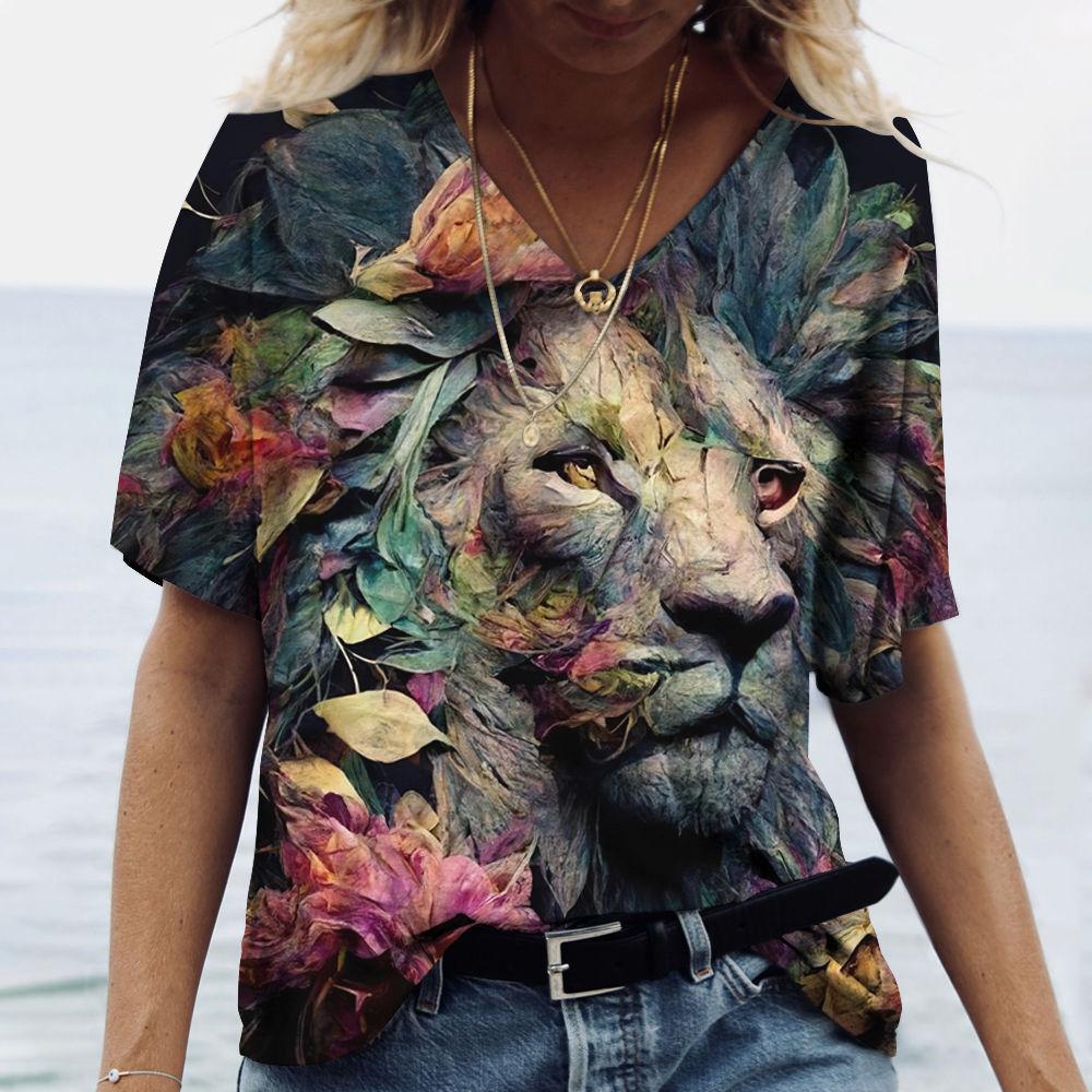 2025 New Fashion Women's Short Sleeved T-shirt Rest Loose Tee Personalized Printed Summer V-Neck Top