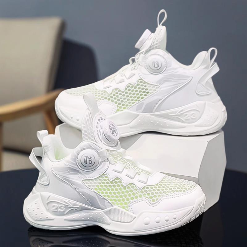 Classmate boys shoes 2025 new summer children's white sneakers rotating button mesh breathable basketball shoes
