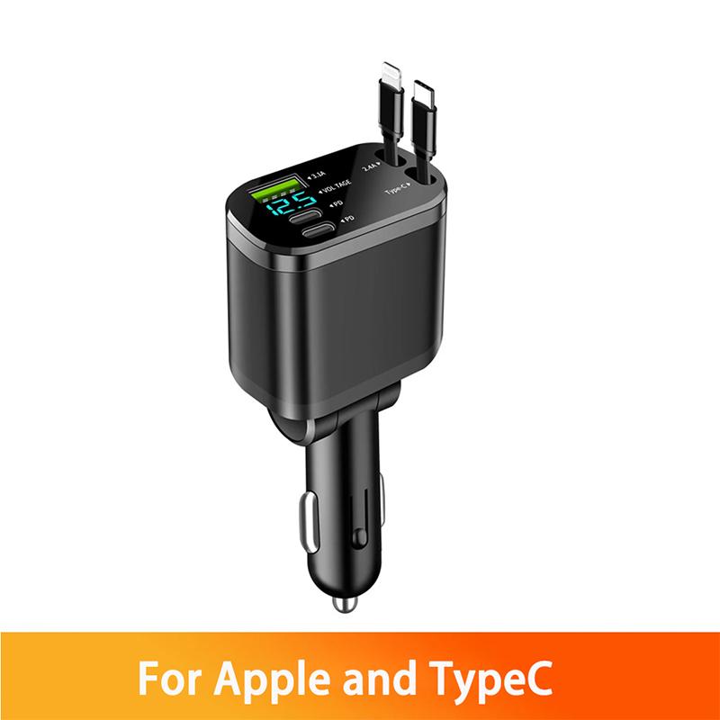 NEW 5-IN-1 150W Retractable Car Charger Mobile Phone USB PD Type C Cable For iPhone Fast Charge Cord Cigarette Lighter Adapter Car Accessories