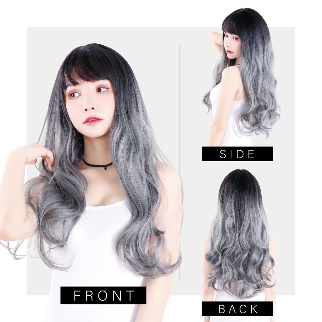 TefuRe Fujitatsu Long Wave Wig Natural Gradient Wide Variety of Colors Cosplay Wig Net Included x Silver [TefuRe] C-8256 (Black Ash)