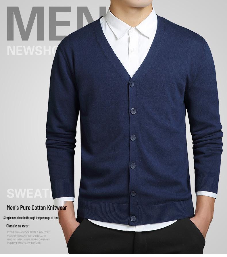 Men's Solid Color Knit V-Neck Cardigan Sweater - Spring/Autumn Business Outerwear