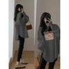 Women's Round Neck Long Sleeve Printed Oversized Korean Style Tunic Top Mid Length Casual Tee for Leggings Matching Outfits