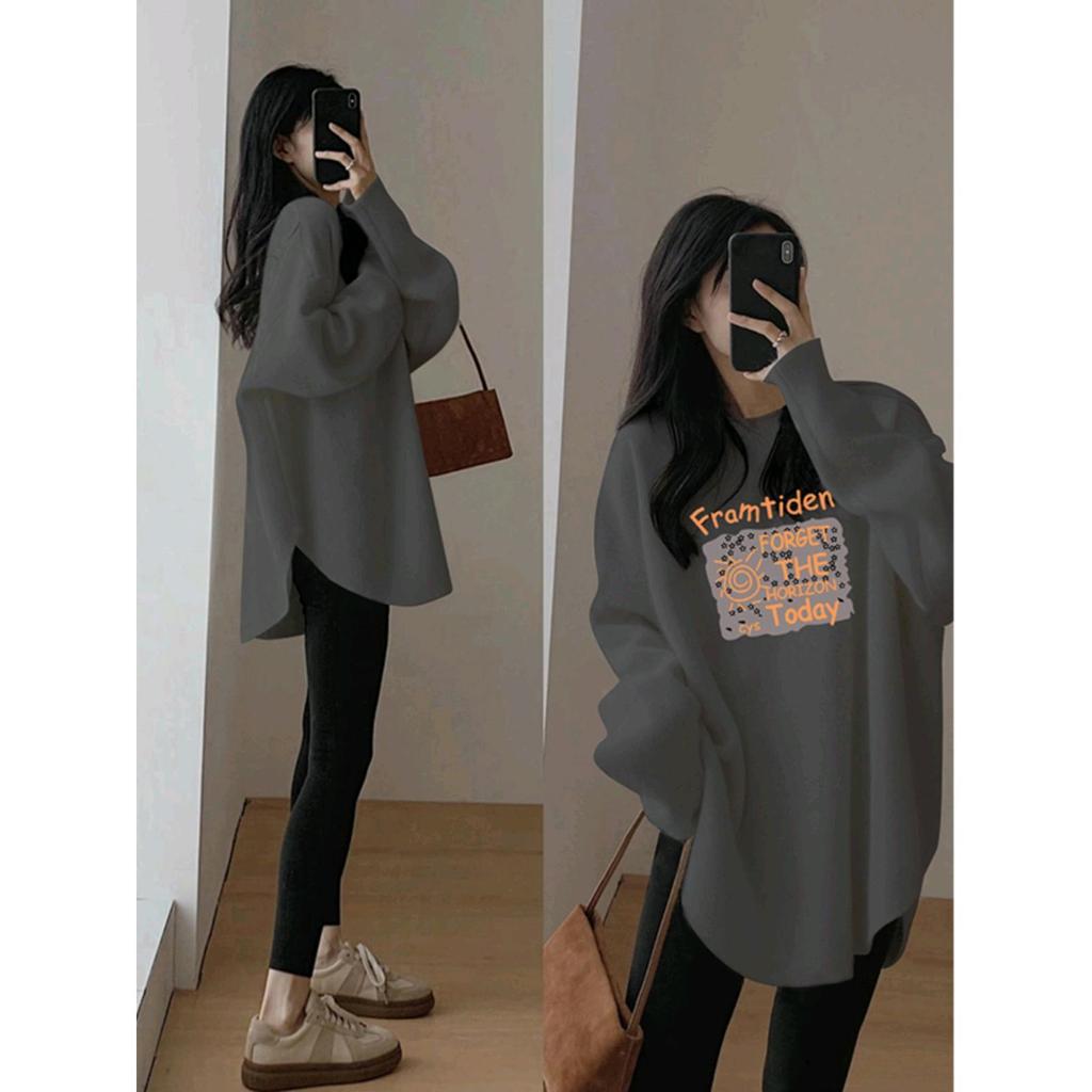 Women's Round Neck Long Sleeve Printed Oversized Korean Style Tunic Top Mid Length Casual Tee for Leggings Matching Outfits