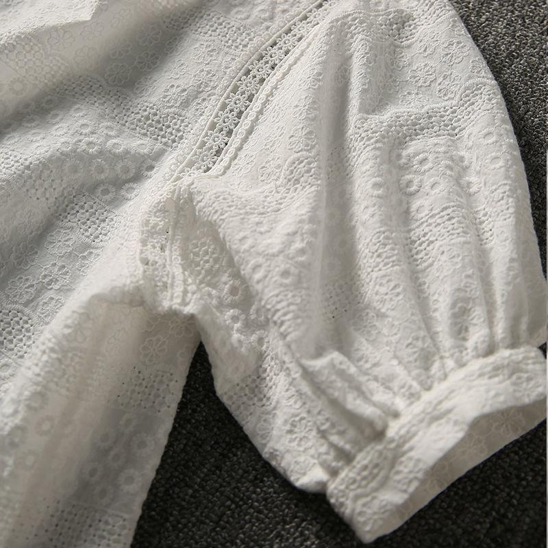 Summer Fashion Women's Lantern Sleeve Loose Shirts Embroidery  Lace O-neck Casual Blouses Plus Size