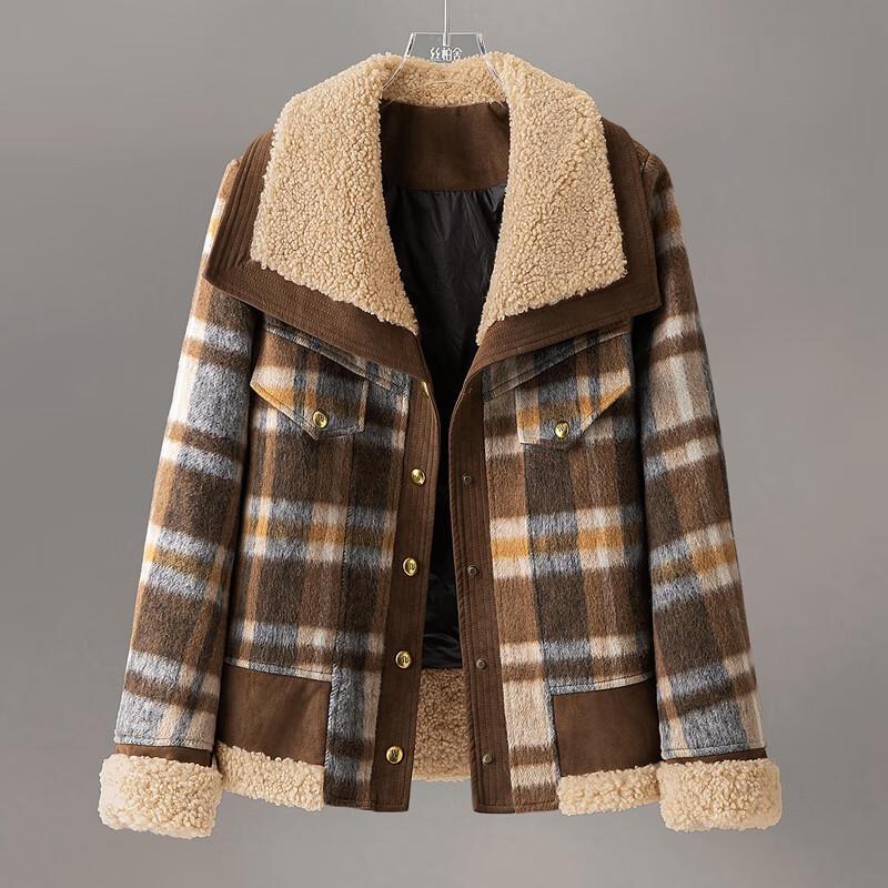 Women's Wool-Blend Plaid Lapel Down Jacket