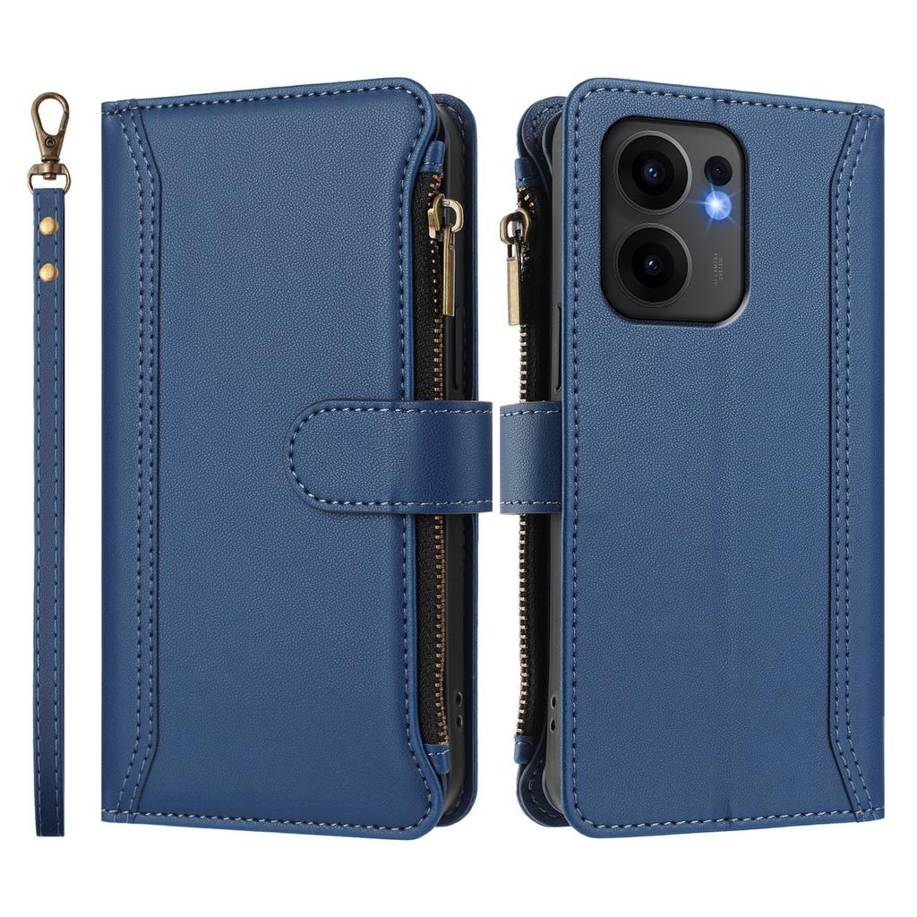 For Oppo Reno13 F 5G (Reno 13 FS 5G)/4G Leather Case 9 Card Slots Zipper Wallet Stand Phone Cover with Wrist Strap