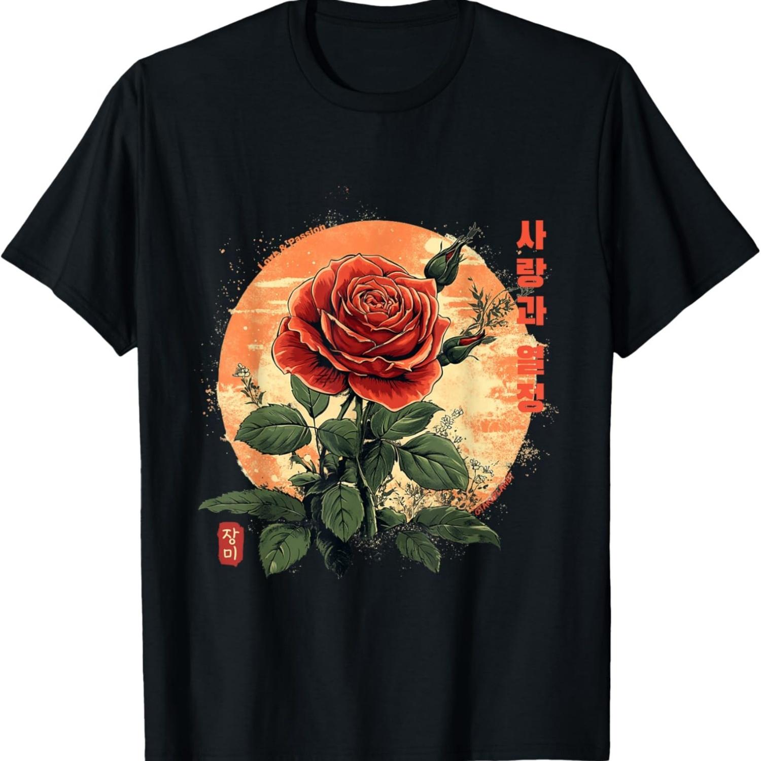 Korean Rose Flower in Aesthetic Grunge Retro Kpop T-Shirt S чёрный