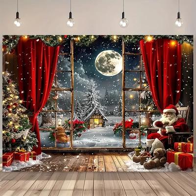 Christmas Day Party Decoration Background Cloth Winter Night View Santa Claus Tree Tapestry Home Curtain Polyester