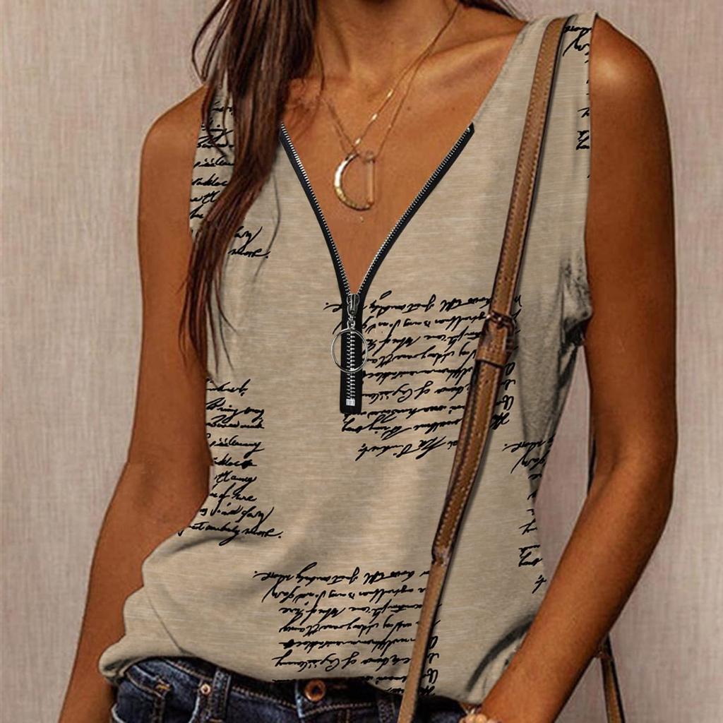Women's  Fashion Summer New Print V-Neck Zipper Sleeveless Casual Tank Tops