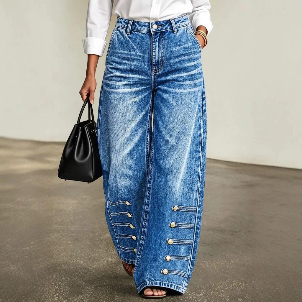 Damen Lässige High Waist Weite Beine Jeans mit Seitenknöpfen Dekoration Lockerer Schnitt Blaue Jeans