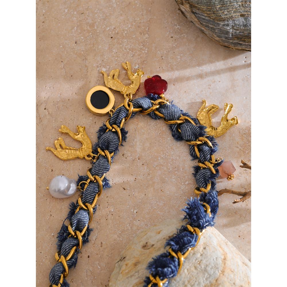 Eetit Statement Blauer Denim Kette Perle Acryl Blume Tropfen Anhänger Halskette Edelstahl Vintage Herbst&Winter Kragen Schmuck