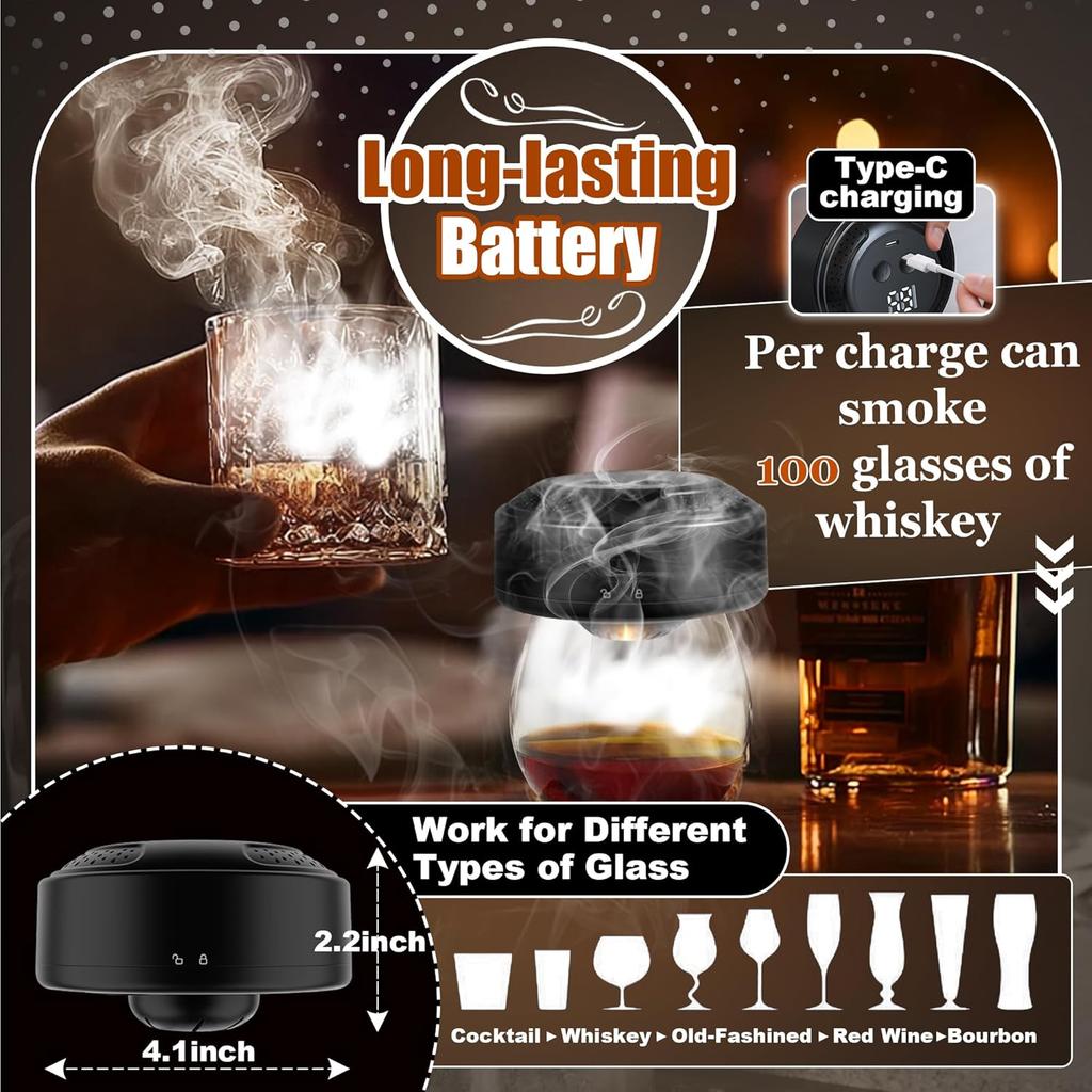 Electric Whiskey Smoker Kit With Light Modes, No Butane Needed, Rechargeable Cocktail Smoker Kit with LED Display & 6 Wood Chips, Old Fashioned Smoker