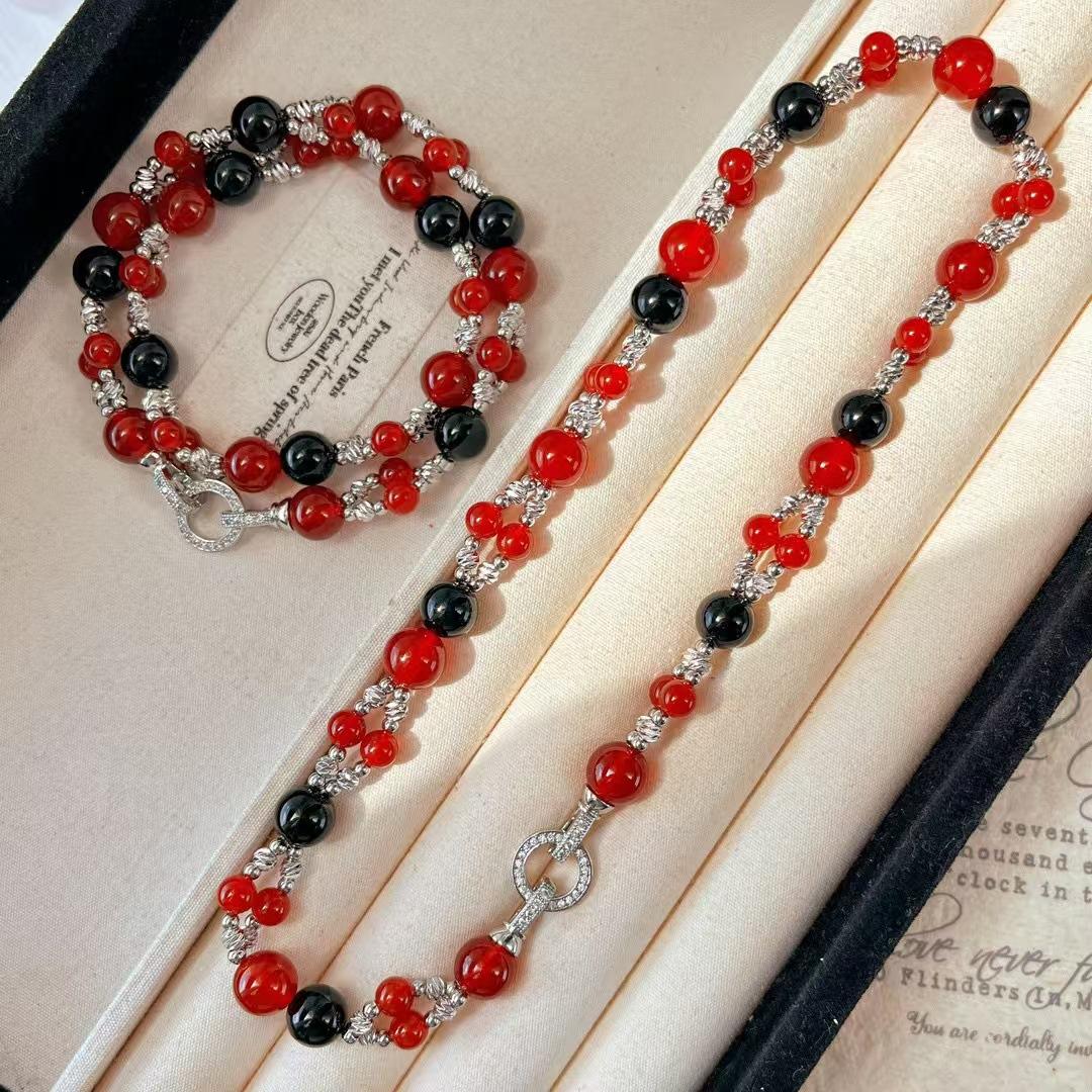 

Retro Autumn And Winter New Natural Chalcedony Black Agate Double-Layer Necklace Collarbone Chain