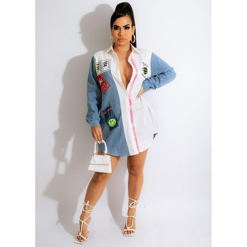 

New Fashion Shirt Casual Denim Patch Shirt Dress Denim plus White S