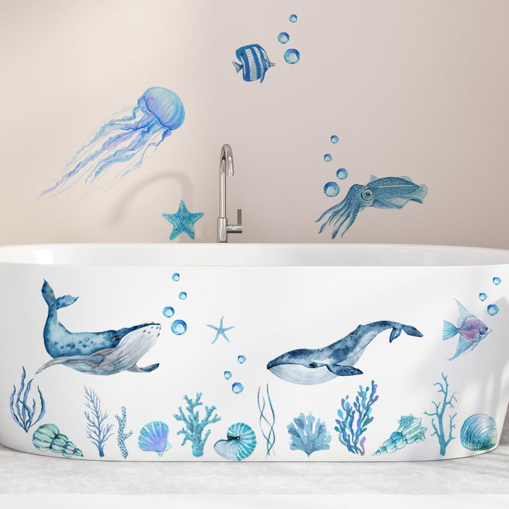 Stylish Aquarium Wall Stickers Featuring Sea and Waterproof and Perfect for Study and Creatures, Whales, Jellyfish, Fish. Removable. Kids' Rooms,