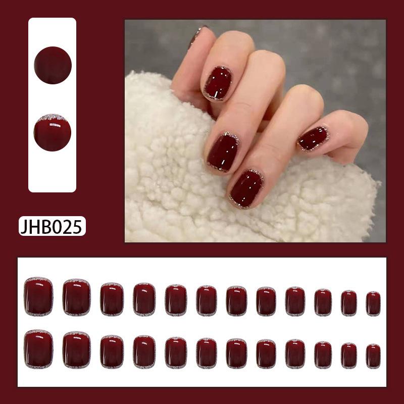 

Бордовые блестящие накладные ногти - Съемные патчи для нейл-арта Pure Desire, Стиль интернет-знаменитости, Простые короткие ногти.