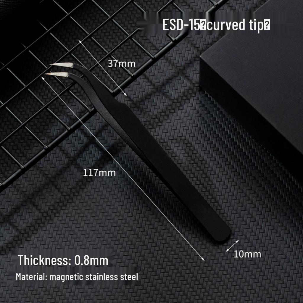 Black Anti-Static Stainless Steel Curved Tip Tweezers Set for Nail Art, Journaling, and Repairs