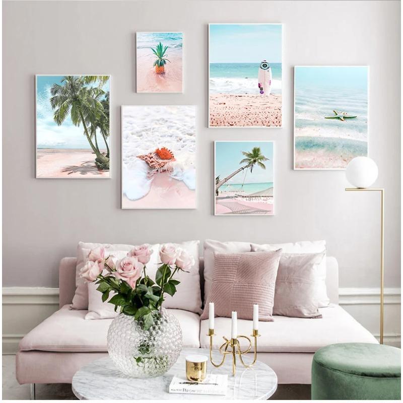 Pink Sea Beach Shell Pineapple Hammock Nordic Posters And Prints Wall Art Canvas PaintingWall Pictures For Living Room Decor