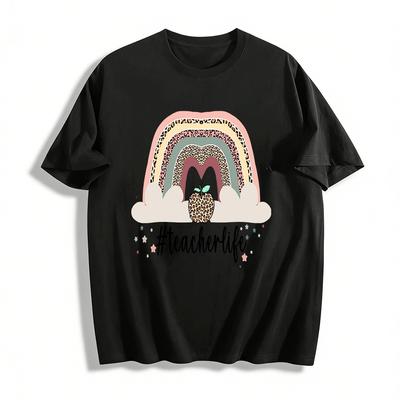 Leopard Regenbogen Apfel Lehrerleben Grafik Lässiges Oberteil Reines Baumwoll-T-Shirt