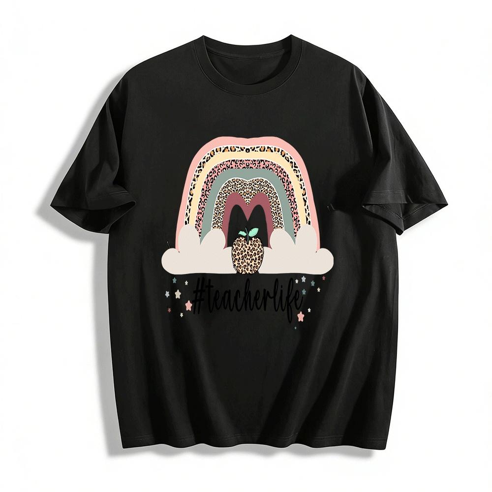 Leopard Rainbow Apple Teacher Life Graphic Casual Top Pure cotton T-shirt XXS