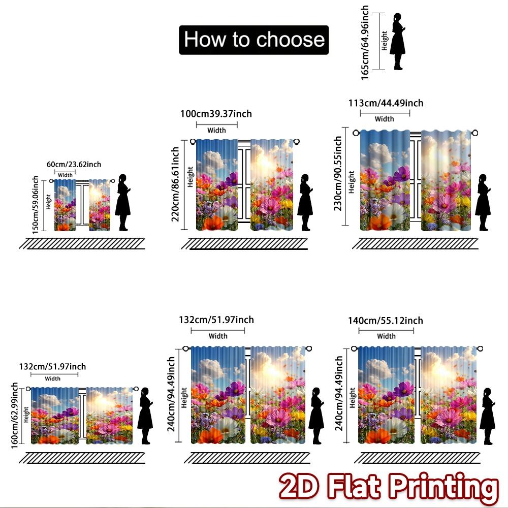2D Flat Printing 2pcs Curtains Cosmos Flowers Field Sunny Day Digital Printed Polyester Drapes Family Party Decoration for